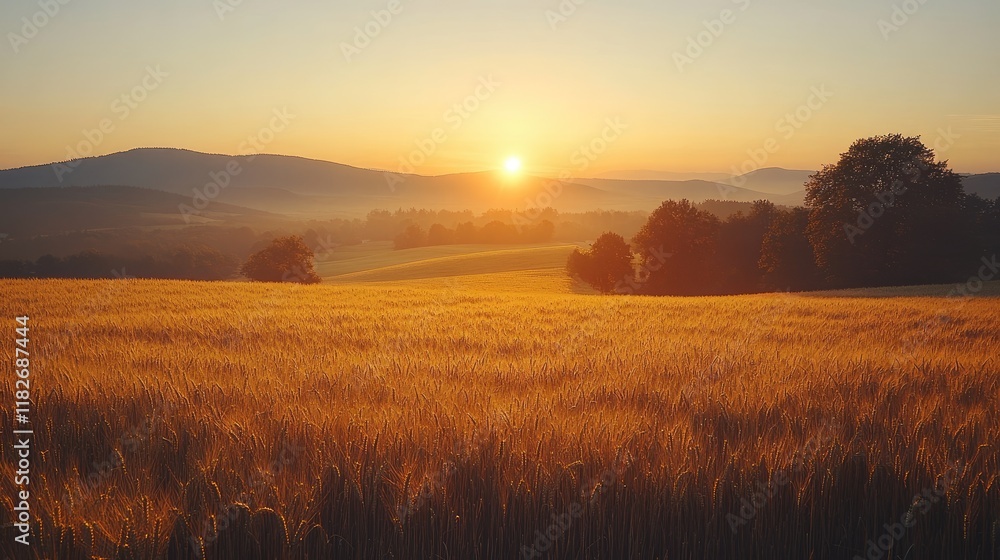 Obraz premium Golden Wheat Field Sunrise Over Rolling Hills