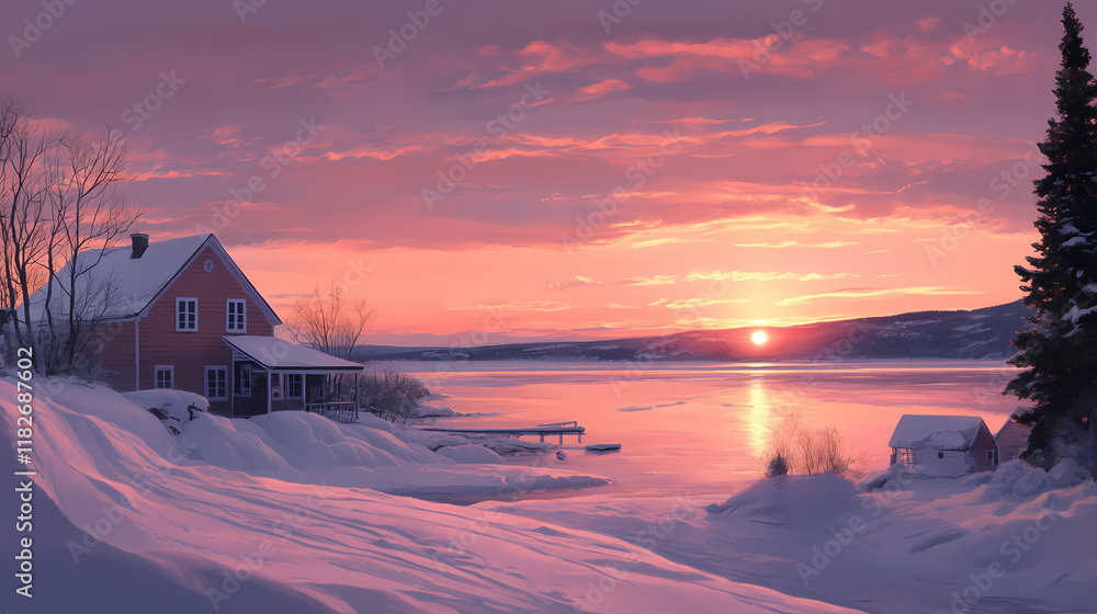 Houses facing waterfront in kamouraska, quebec: beautiful sunset view over st. lawrence estuary. Seafrost. Illustration Houses facing waterfront in kamouraska, quebec: beautiful sunset view over st. lawrence estuary. Seafrost. Illustration