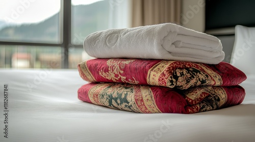 A neatly made bed showcases plush white towels and a luxuriously vibrant patterned blanket, conveying comfort and warmth in a cozy room setting with soft lighting. photo