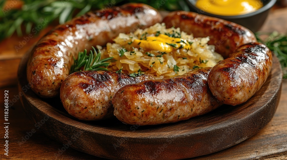Grilled Sausages Served with Braised Onions and Mustard Grilled Sausages Served with Braised Onions and Mustard