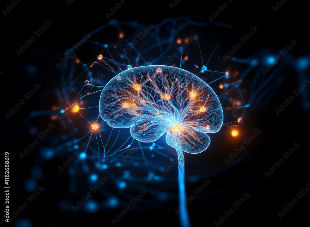 Intricate neural network, glowing with energy, depicts the complex structure of the human brain.  Medical imaging reveals the intricate connections within.