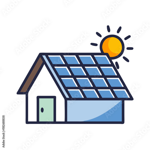Eco-friendly House With Blue Solar Panels Under Bright Sun