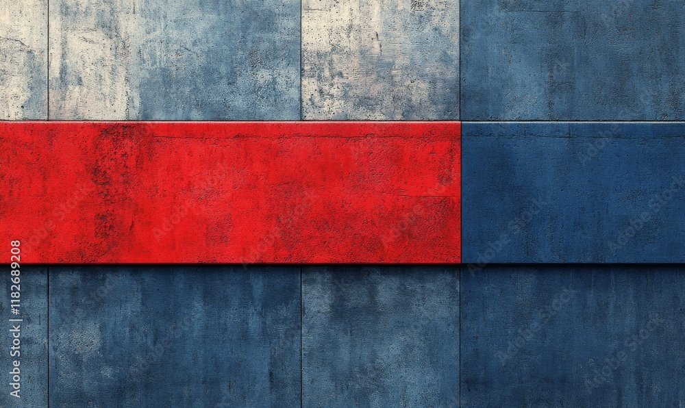 Red and blue wall with a red stripe. The wall is made of concrete blocks. The red stripe is the only color that stands out Red and blue wall with a red stripe. The wall is made of concrete blocks. The red stripe is the only color that stands out