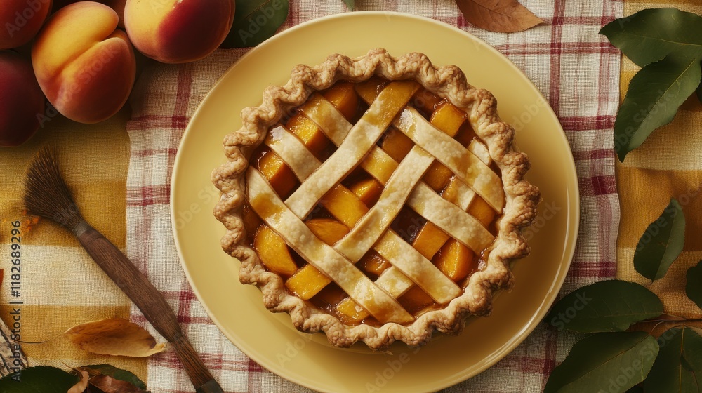 A mouthwatering peach pie, baked to perfection, with a lattice top crust. A delightful dessert, perfect for any occasion. Enjoy the sweet taste of summer in a warm, comforting pie. A mouthwatering peach pie, baked to perfection, with a lattice top crust. A delightful dessert, perfect for any occasion. Enjoy the sweet taste of summer in a warm, comforting pie.