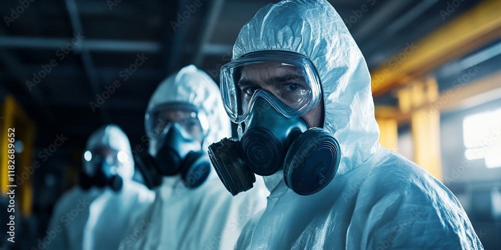 Workers in hazmat suits, industrial site Workers in hazmat suits, industrial site
