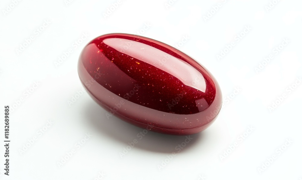 Red pill is sitting on a white background. The pill is shiny and has a smooth texture Red pill is sitting on a white background. The pill is shiny and has a smooth texture