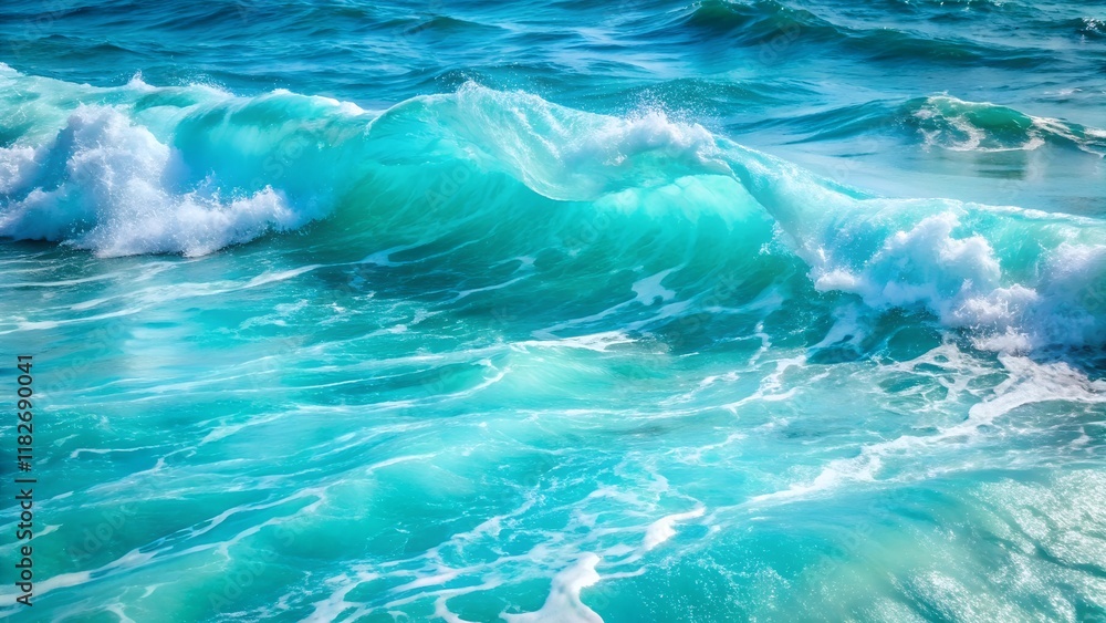 Fototapeta premium Ocean Waves Crashing: A mesmerizing vista of turquoise ocean waves crashing against the shore, their foamy crests sparkling under the sunlight. The image evokes a sense of tranquility and power.