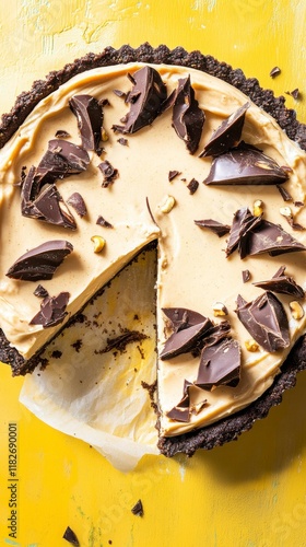 A Delectable Chocolate Peanut Butter Tart with a Slice Taken Out, Exquisitely Displayed on a Yellow Background. A Perfect Dessert for any Occasion. photo