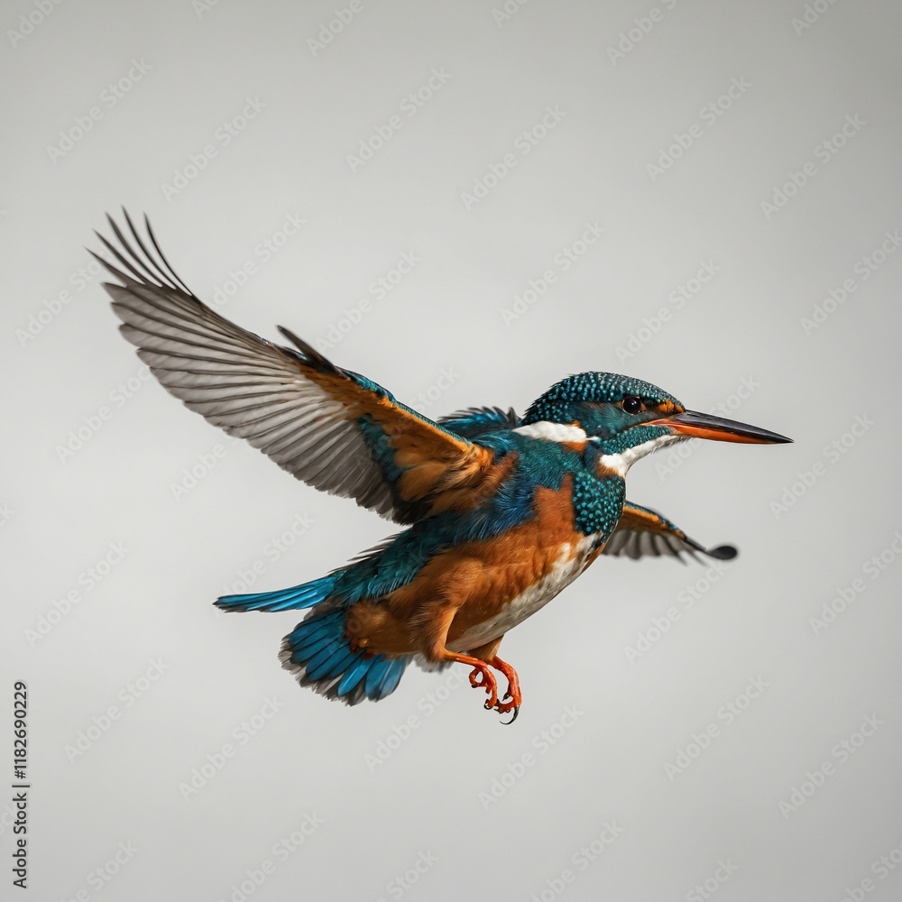 Obraz premium A kingfisher in flight, wings spread wide, showcasing its colorful plumage, against a simple white background.