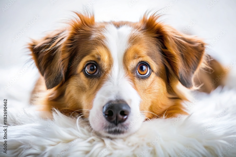Fototapeta premium Adorable Dog Resting on White, Close-Up Macro Photography