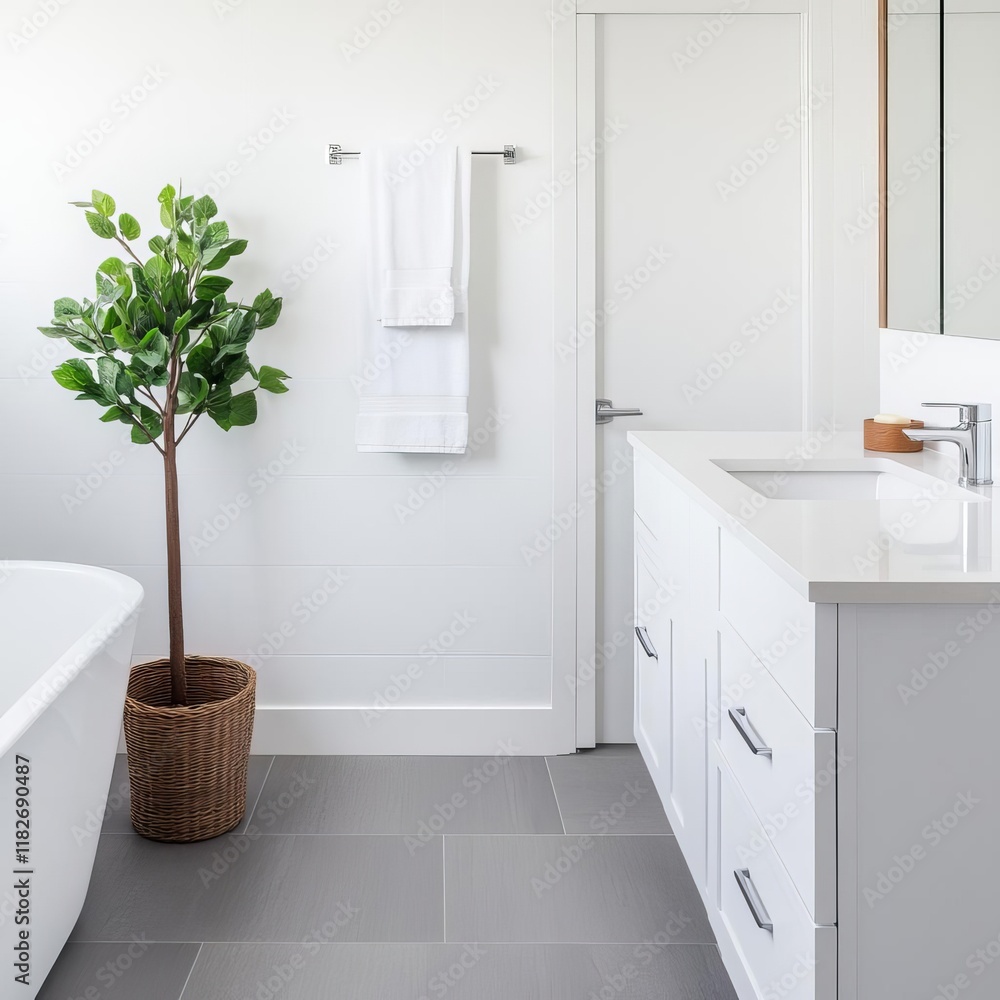 Fototapeta premium Bright white bathroom with eco-conscious design elements and soft gray flooring