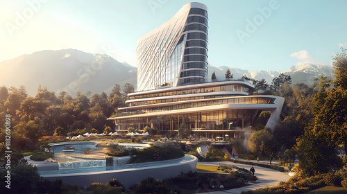 Candid photography of the modern pullman sochi centre building surrounded by lush landscapes and vibrant city life in sochi, showcasing architectural elegance and coastal views. Seafrost. Illustration