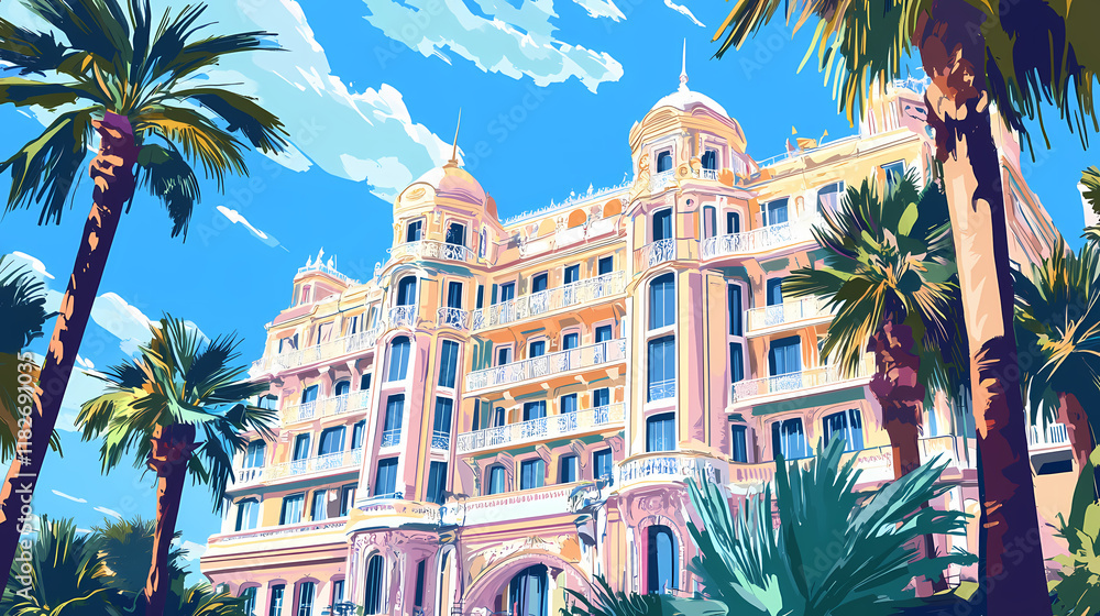 Naklejka premium Cannes france april corner of the ornate carlton hotel which is a landmark on the seafront in cannes generative ai. Seafrost. Illustration