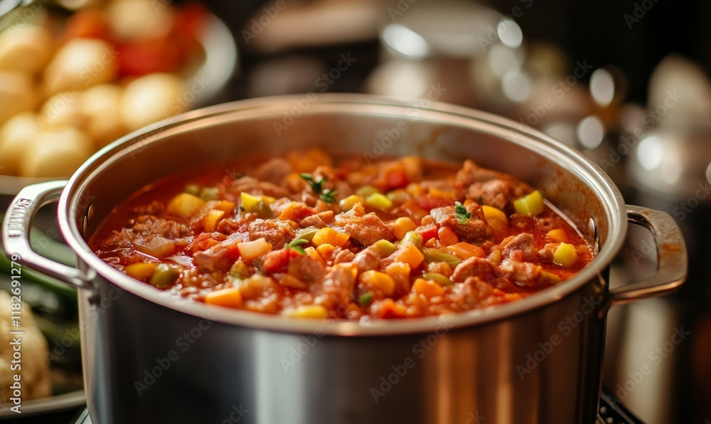 Large pot of stew with meat and vegetables sits on a counter. The stew is full of flavor and looks delicious Large pot of stew with meat and vegetables sits on a counter. The stew is full of flavor and looks delicious