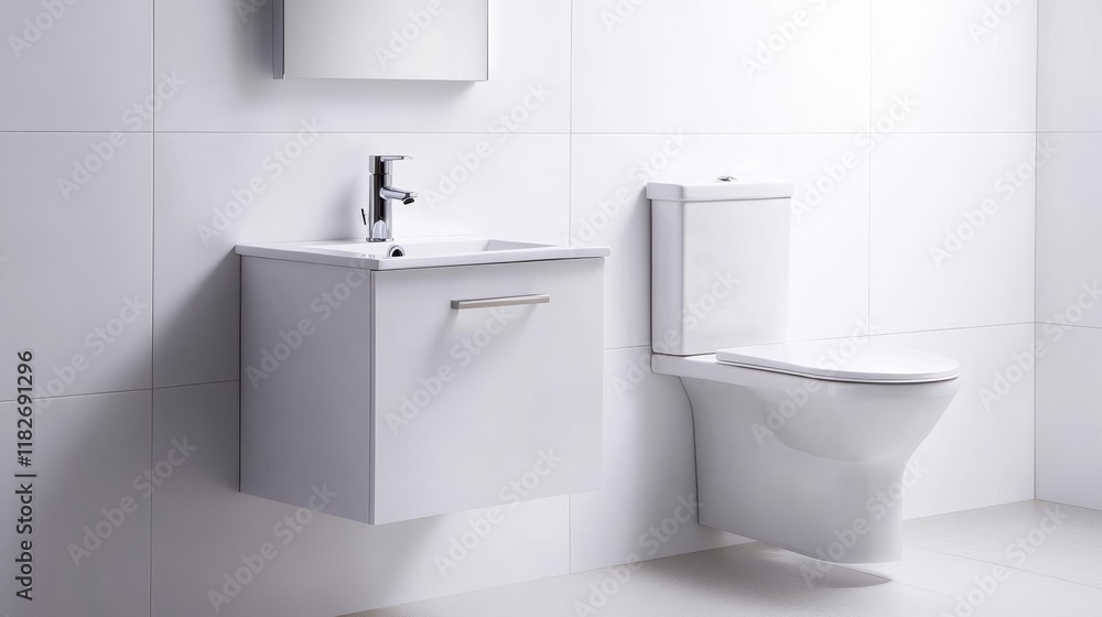 Fototapeta premium Bright white bathroom with glossy finishes and chrome hardware