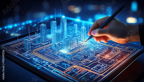 Stunning futuristic cityscape design visualized on a digital tablet. A hand uses a stylus to refine the glowing, wireframe city model. photo