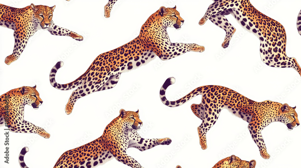 Obraz premium Vector seamless pattern of leopards. Seamless texture of leopards in the jump