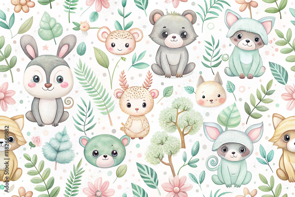 Naklejka premium Adorable watercolor woodland animals and plants seamless pattern.