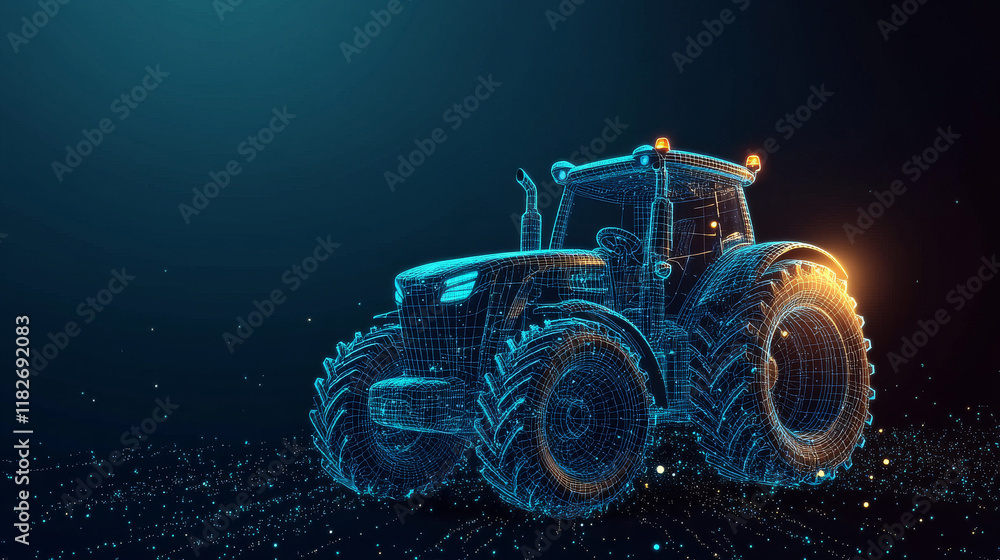 The tractor which consists of points. Particles in the form of a tractor on a dark background. Vector illustration. Graphic concept of the agricultural business. The tractor which consists of points. Particles in the form of a tractor on a dark background. Vector illustration. Graphic concept of the agricultural business.