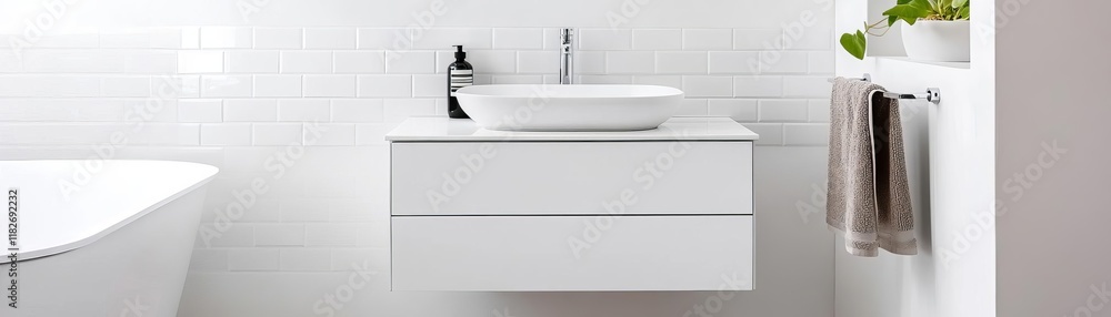 Compact white bathroom with clean lines, geometric tiles, and modern fixtures Compact white bathroom with clean lines, geometric tiles, and modern fixtures