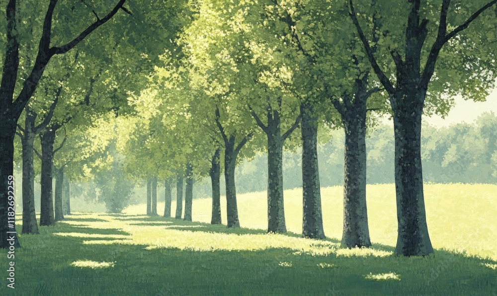 Row of trees with green leaves and a grassy field in the background. The trees are tall and spread out, creating a peaceful and serene atmosphere Row of trees with green leaves and a grassy field in the background. The trees are tall and spread out, creating a peaceful and serene atmosphere