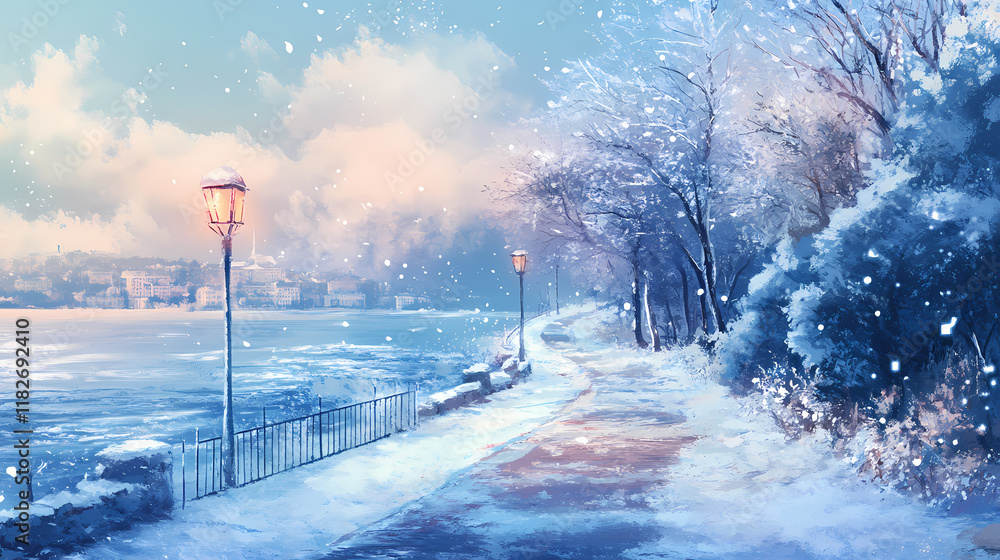 Enchanting seafront promenade. Seafrost. Illustration Enchanting seafront promenade. Seafrost. Illustration