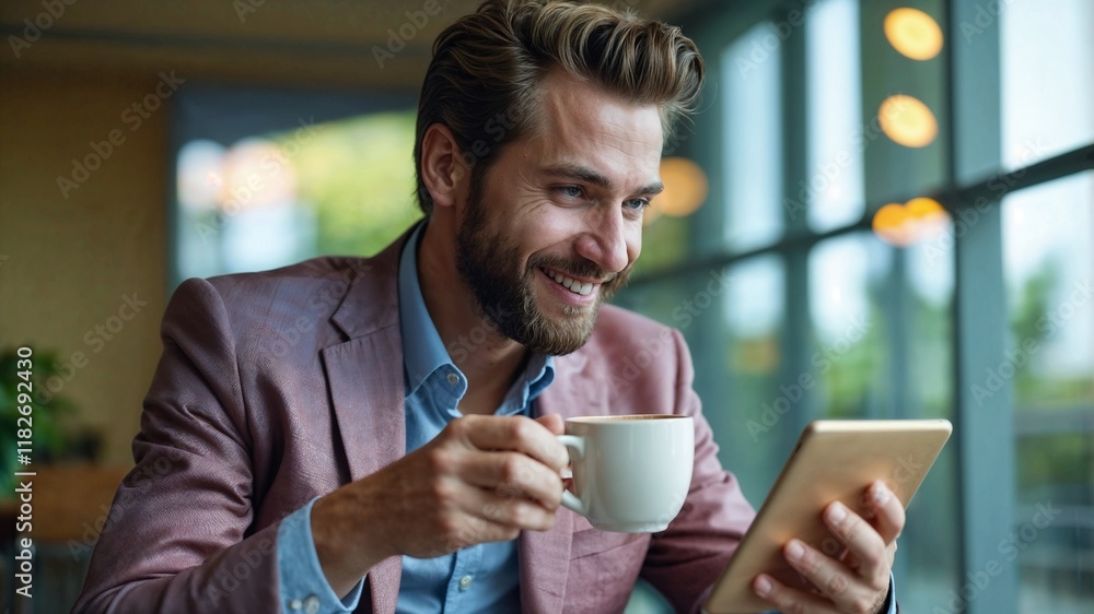 Man in suit enjoys coffee while looking at tablet in modern cafe during daytime Man in suit enjoys coffee while looking at tablet in modern cafe during daytime