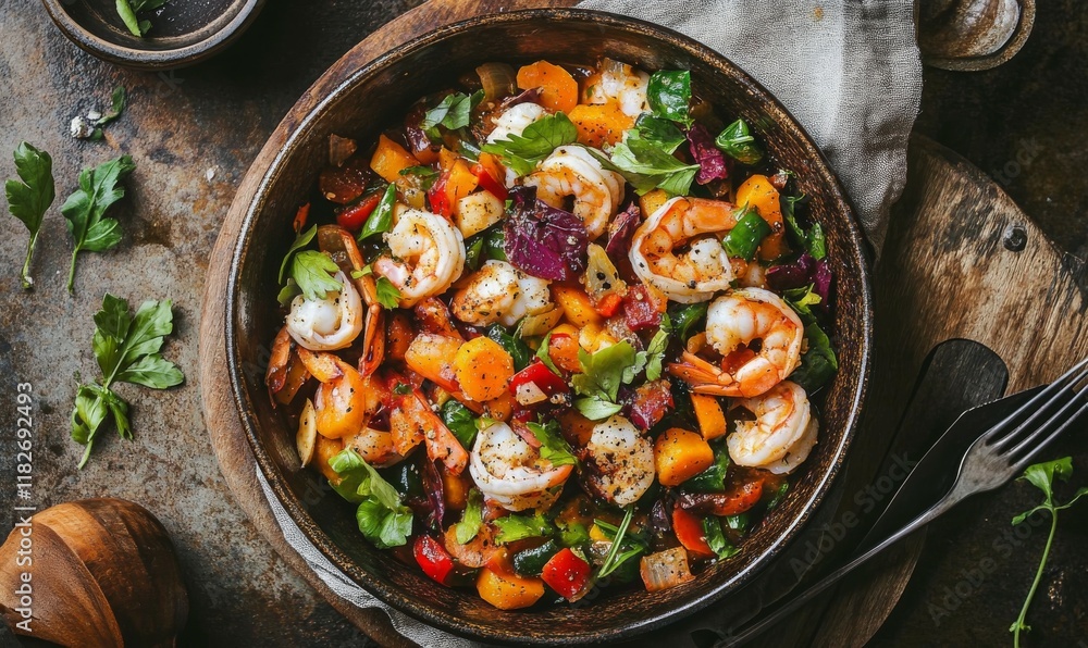 custom made wallpaper toronto digitalRustic seafood stew with vibrant vegetables in a traditional bowl