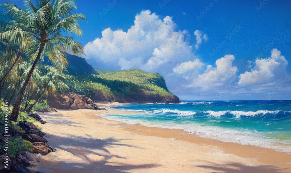 Sandy beach with palm trees and blue ocean. Sandy beach with palm trees and blue ocean.