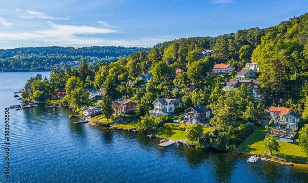Scenic view of fjord surrounded by greenery and waterfront homes. Scenic view of fjord surrounded by greenery and waterfront homes.