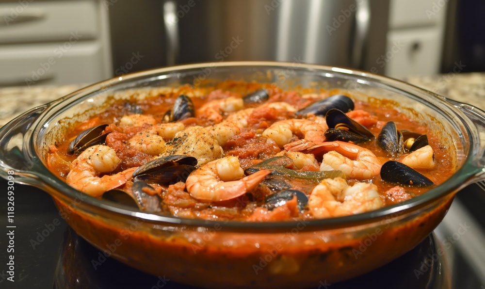Seafood stew with shrimp and mussels in a rich tomato broth Seafood stew with shrimp and mussels in a rich tomato broth