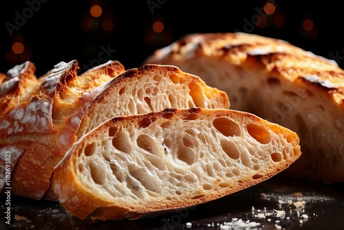 Freshly baked artisan bread with a golden crust and soft interior on display. Generative AI photo