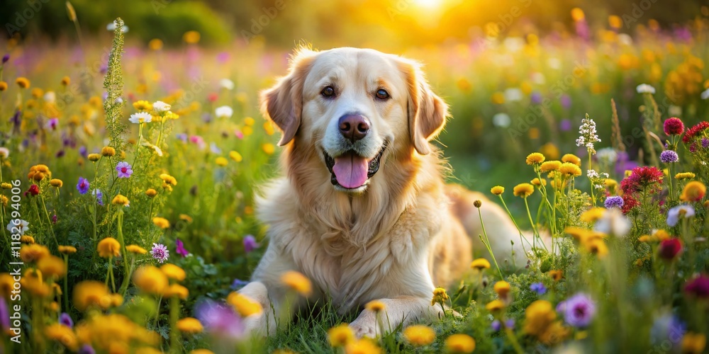 Adorable Golden Retriever Puppy Relaxing in Vibrant Spring Meadow - Aerial View Adorable Golden Retriever Puppy Relaxing in Vibrant Spring Meadow - Aerial View