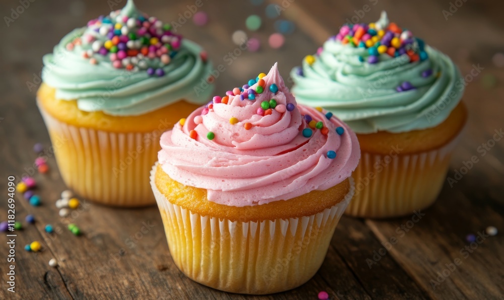 Set of three cupcakes with colorful frosting and sprinkles. Set of three cupcakes with colorful frosting and sprinkles.