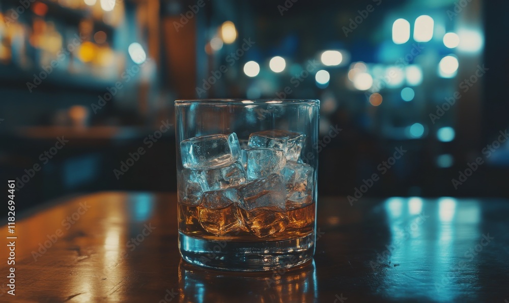 Shot of whiskey with ice cubes on wooden table in bar atmosphere. Shot of whiskey with ice cubes on wooden table in bar atmosphere.