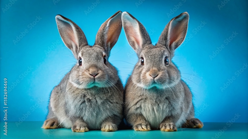 Fototapeta premium Adorable Grey Rabbits Posing Against Vibrant Blue Background - Stock Photo