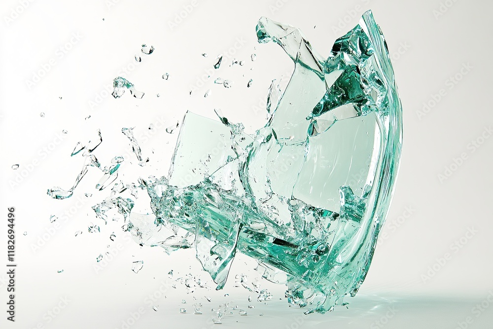 A glass object is shattered, with the fragments splashing through the air against a white background A glass object is shattered, with the fragments splashing through the air against a white background