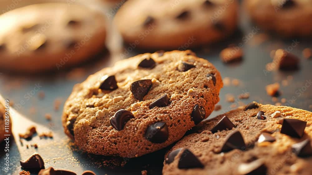 Freshly baked chocolate chip cookies with steam rising, showcasing a warm, inviting texture.