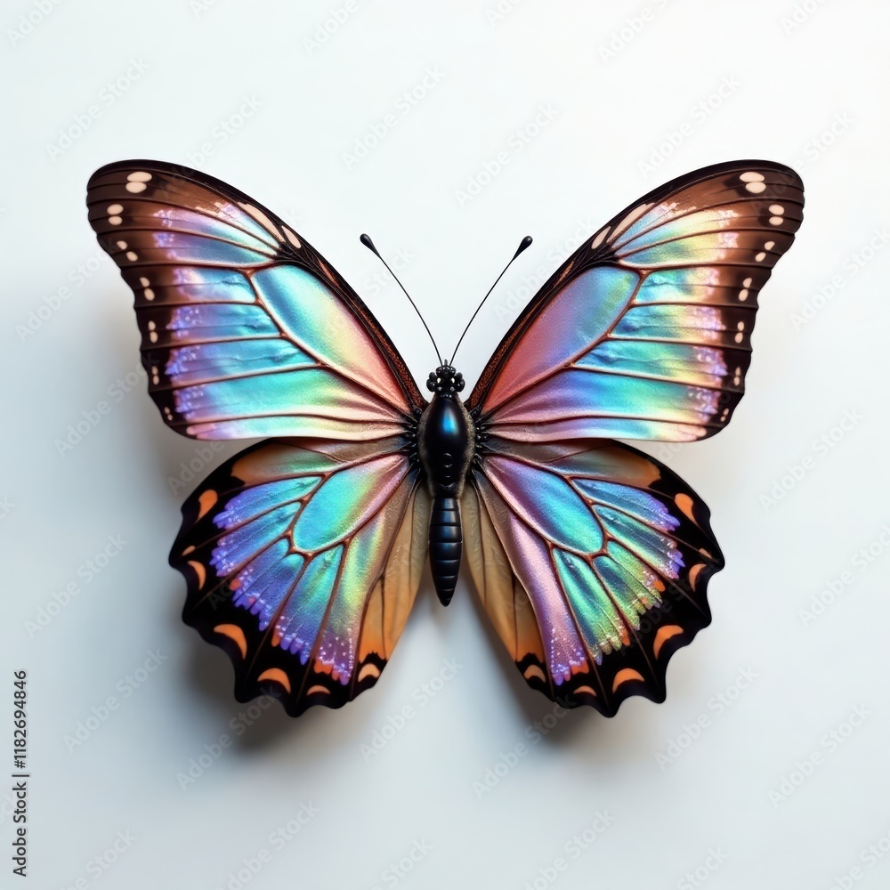 Delicate butterfly with iridescent wings on white background, colorful wings, white background, closeup Delicate butterfly with iridescent wings on white background, colorful wings, white background, closeup