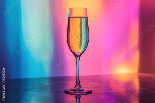 A glass of champagne sits on the table, against a background with colorful lights