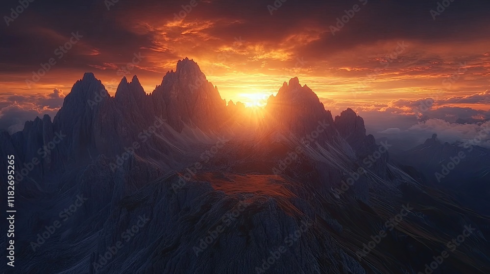 Naklejka premium Majestic Mountains Glowing Sunset Dramatic Landscape