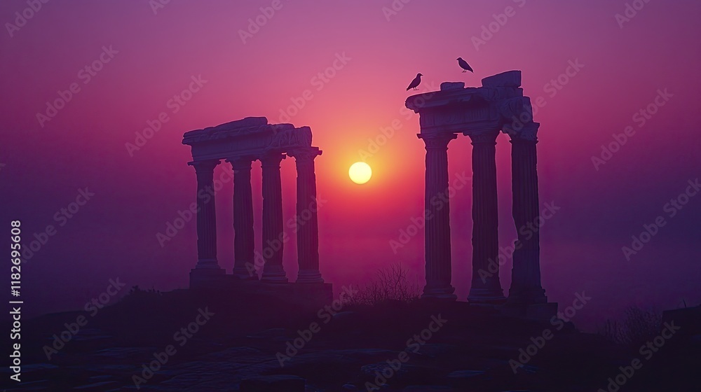 Fototapeta premium Ancient Ruins Silhouetted Against a Vibrant Sunset