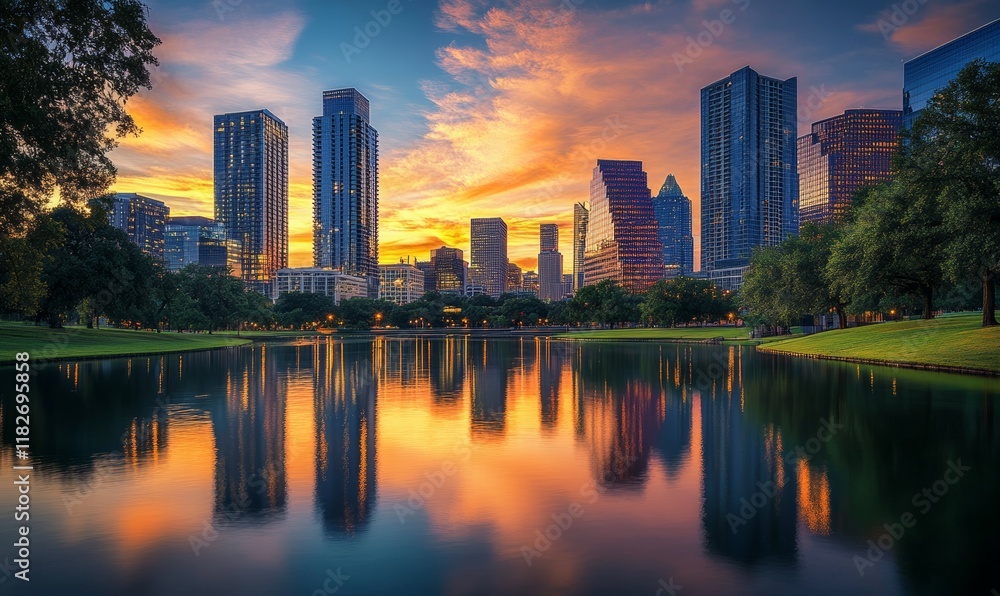 Naklejka premium Modern Skyscrapers Reflecting Sunset in Business District