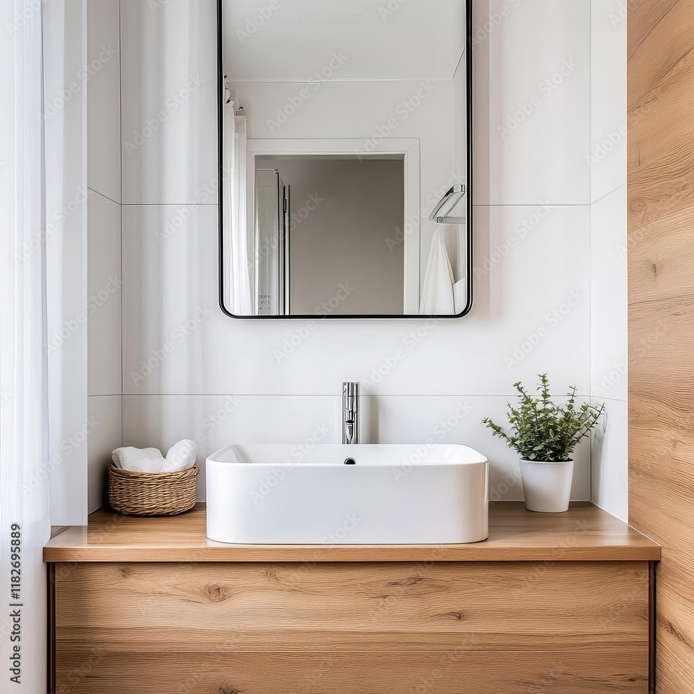 Fototapeta premium Minimalist white bathroom with a rectangular mirror and warm wooden tones