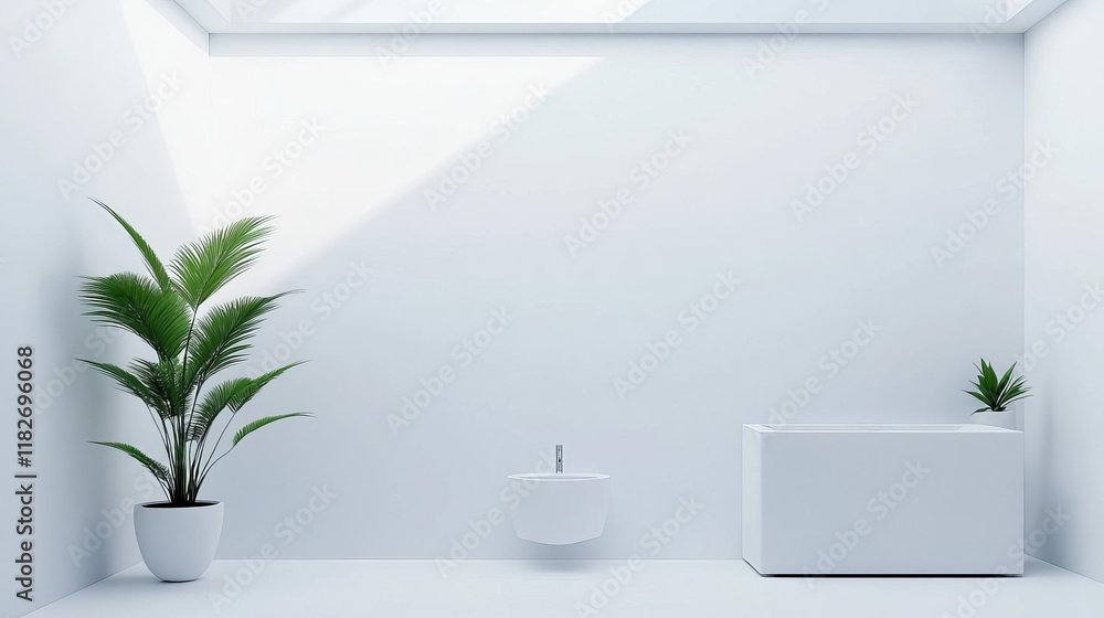 Minimalist white bathroom with a skylight and potted plants for a fresh ambiance Minimalist white bathroom with a skylight and potted plants for a fresh ambiance