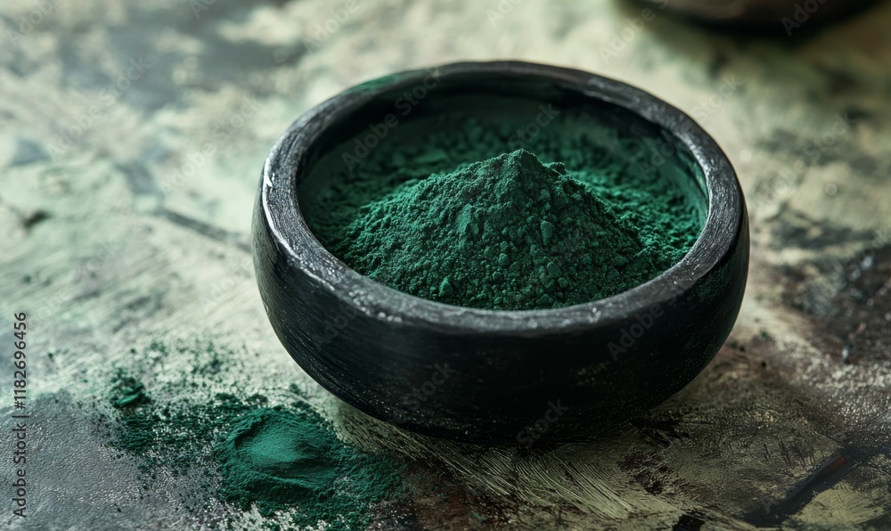 Small black bowl filled with green powder is placed on a table. The powder appears to be a type of herb or spice Small black bowl filled with green powder is placed on a table. The powder appears to be a type of herb or spice