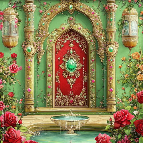 A green wall with an intricate red door adorned with jewels