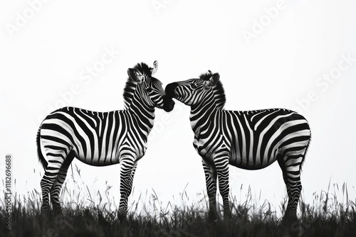Graceful silhouettes of two zebras standing close in the golden savannah