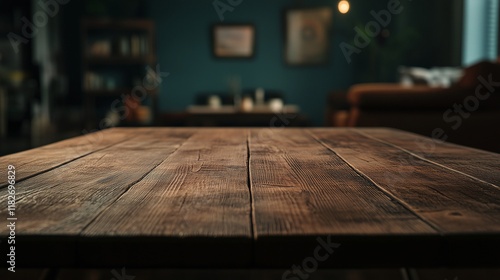A wooden table surface in a living room, empty product background - low angle, nighttime, home interior - foreground, shallow depth of field, vignette, your product here. Empty foreground space.