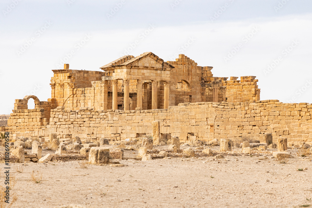 Subaytilah, Kasserine, Tunisia. Capitoline temples at the Byzantine Roman ruins in Sbeitla. Subaytilah, Kasserine, Tunisia. Capitoline temples at the Byzantine Roman ruins in Sbeitla.